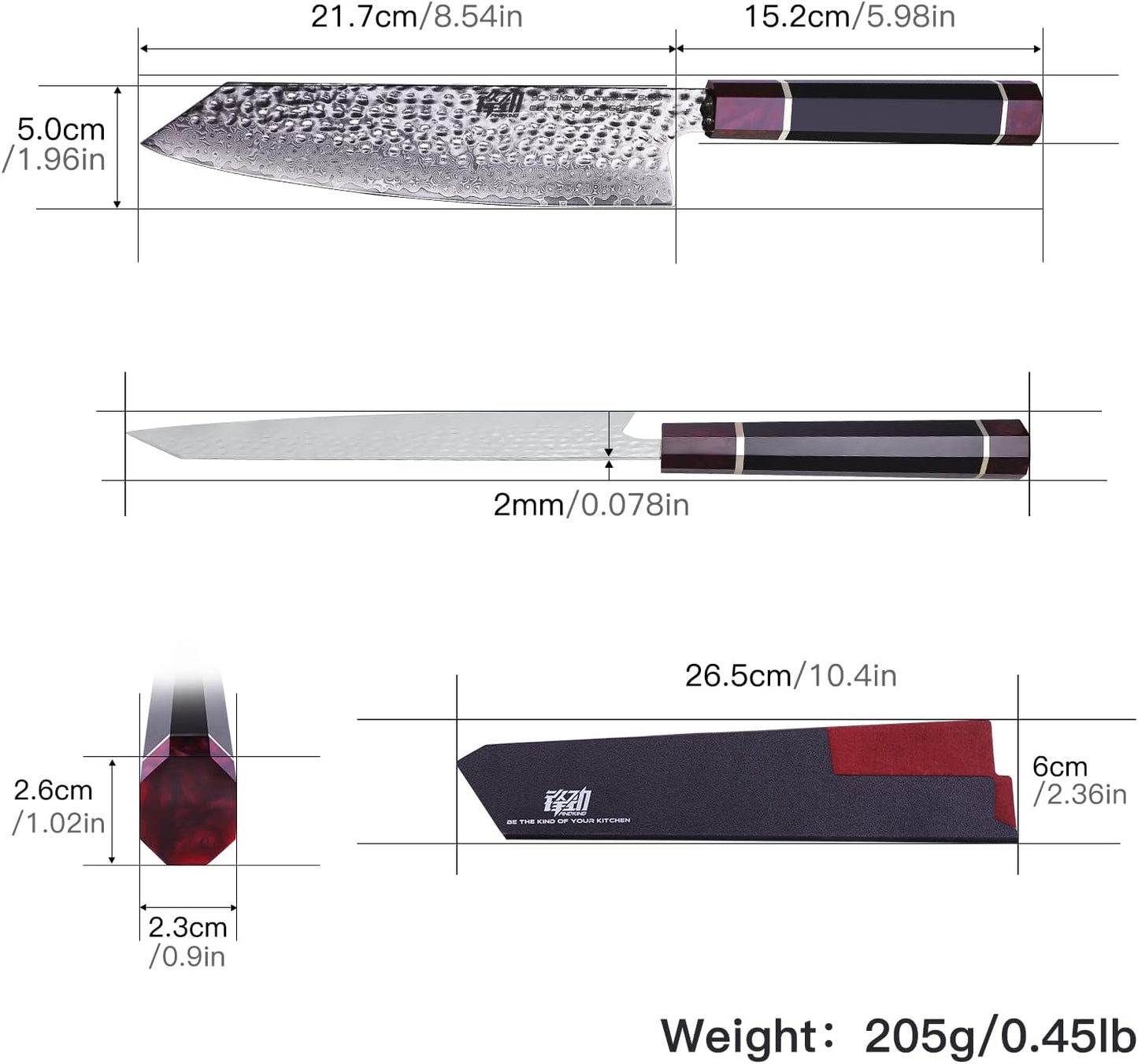 FINDKING Eternity Series Japanese Kiritsuke Knife with ABS sheath, Multi-Purpose Gyuto Chef knife, 9Cr18MoV Damascus Steel Blade, Resin Octagonal Handle, for Meat, Fruits, Vegetables,9 Inches