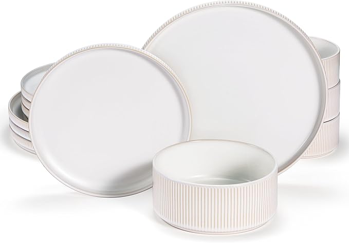 Ceramic Dinnerware Set, by Vase and Vessel, 12-Piece Service for 4, 9.8” Dinner Plates, 8” Salad Plates, 20 oz Bowls, Ombre Reactive Glaze, Durable Stoneware, Microwave & Dishwasher (Powder White)