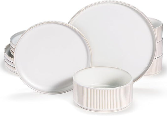 Ceramic Dinnerware Set, by Vase and Vessel, 12-Piece Service for 4, 9.8” Dinner Plates, 8” Salad Plates, 20 oz Bowls, Ombre Reactive Glaze, Durable Stoneware, Microwave & Dishwasher (Powder White)