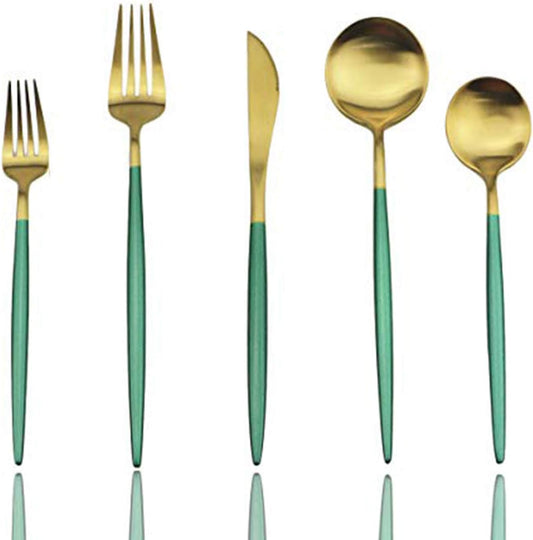 JASHII Silverware Sets, 20-Piece Green Flatware 18/10 Stainless Steel Heavy Weight Forged Cutlery Eating Utensils Forks Spoons Knives Set Tableware Service for 4 Matte Finished (Green & Gold)