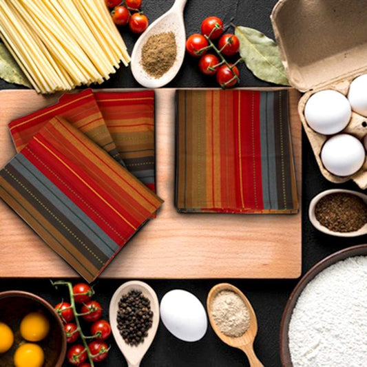 Urban Villa Kitchen Towels, Cuisine Stripes,Premium Quality,100% Cotton Dish Towels,Mitered Corners,Ultra Soft (Size: 20X30 Inch), Red Multi, Highly Absorbent Bar Towels & Tea Towels - (Set of 3)