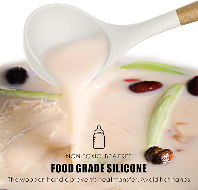 Silicone Cooking Utensils Set - 446°F Heat Resistant Silicone Kitchen Utensils for Cooking,Kitchen Utensil Spatula Set w Wooden Handles and Holder for Non-Stick Cookware (Cream White)