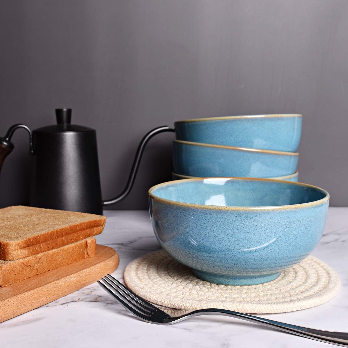 Bosmarlin Ceramic Soup Bowl Set of 4, 24 Oz, Cereal Bowl for Oatmeal, Dishwasher and Microwave Safe (5.75 Inches, Lake Blue)