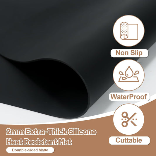 Silicone Heat Resistant Mats for Countertop, 2MM Extra Thick Mat for Kitchen Counter, Suitable for Airfryer, Microwave, Coffee Maker, Oven, Non Slip Hot Pad, Waterproof, Cuttable 19.3*14.57in, Black