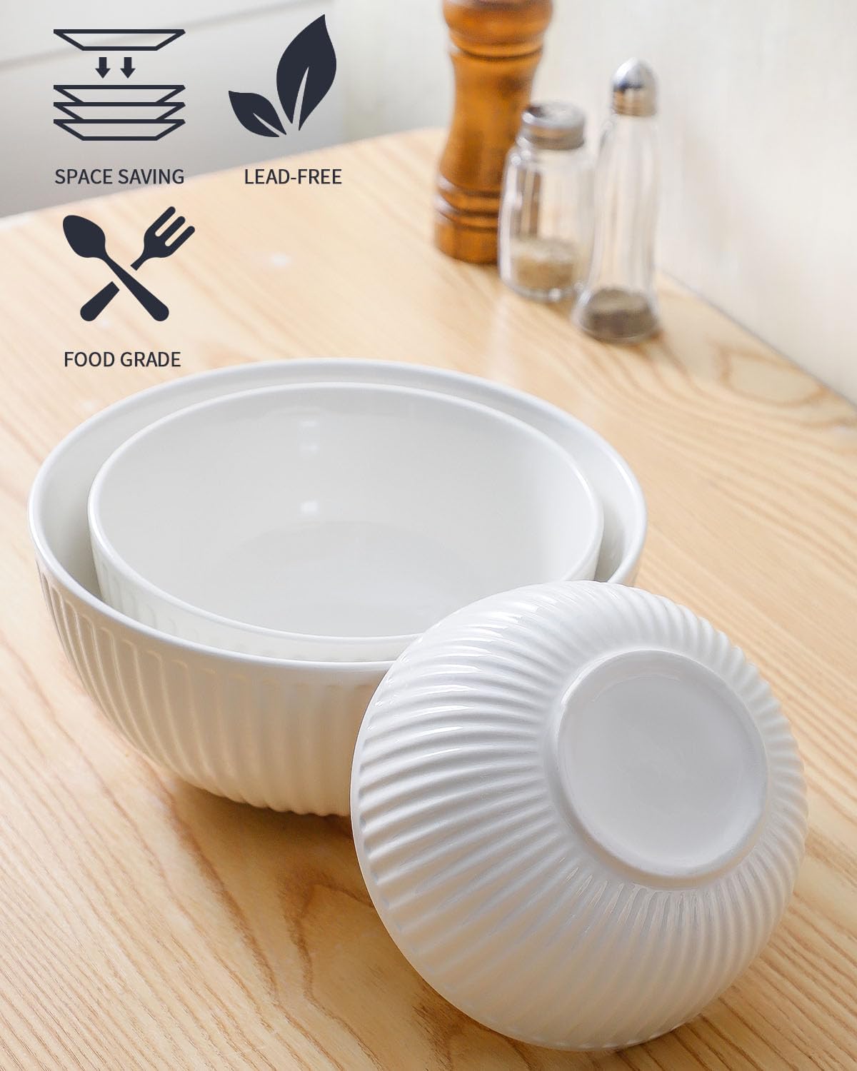 Hasense Mixing Bowls, Large Ceramic Nesting Mixing Bowls Set of 3, Serving Bowls Ideal for Baking, Prepping and Cooking Food, Nesting Salad Bowls for Space Saving Storage, 1.5/1/0.5 Qt - White