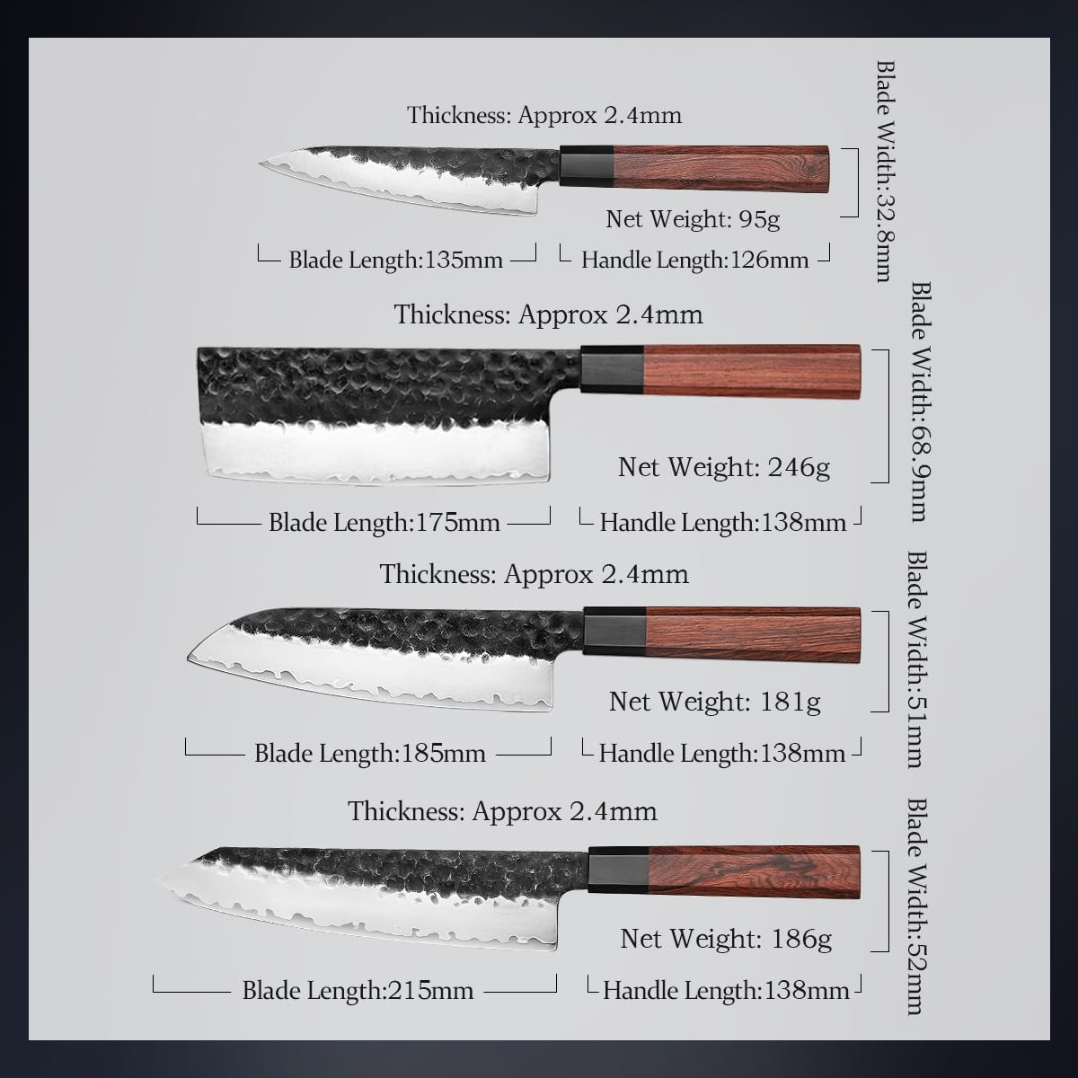 HEZHEN Kitchen Knife Set 4PCS, Clad Steel Chef Knife Nakiri Forged Steel Santoku, Wooden Octagonal Handle