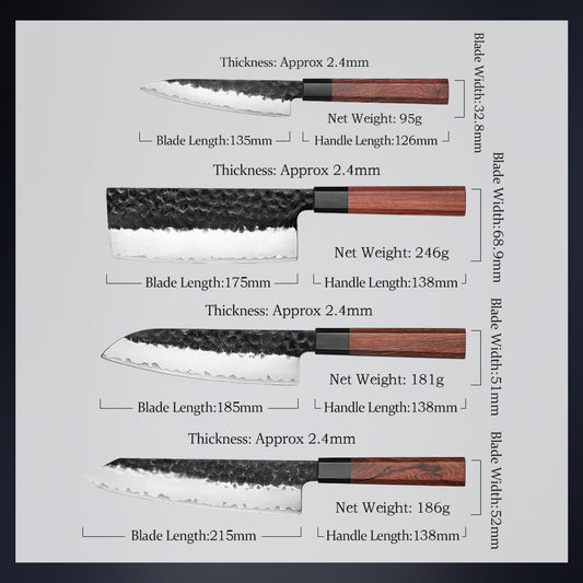 HEZHEN Kitchen Knife Set 4PCS, Clad Steel Chef Knife Nakiri Forged Steel Santoku, Wooden Octagonal Handle