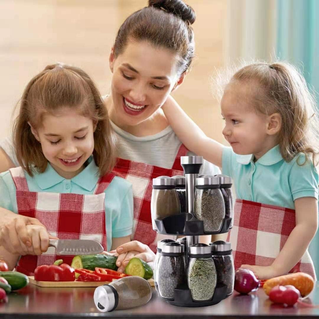 Revolving Spice Rack Organizer Storage for kitchen, Spice Stand Holder, Spinning Countertop Herb and Spice Rack Organizer with 12 Glass Jar Bottles Set