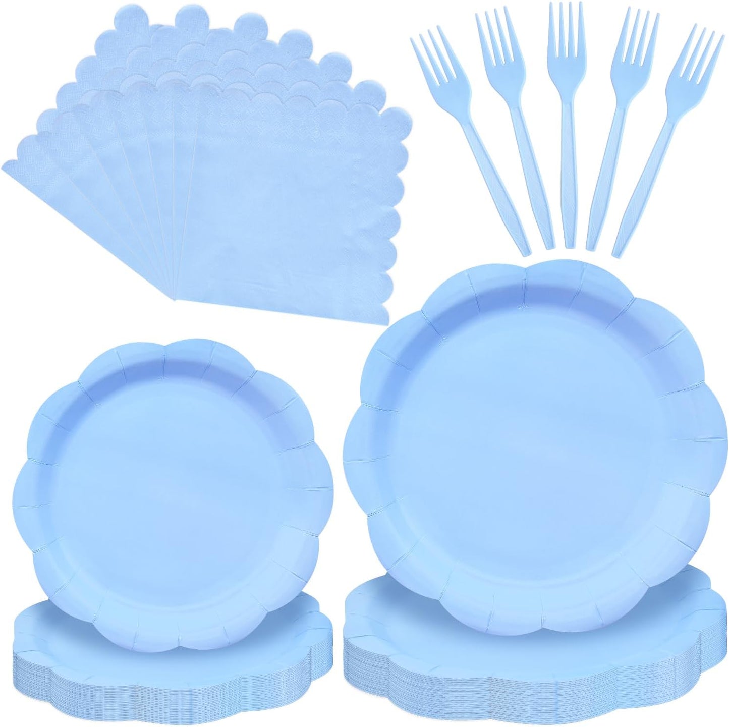96 Pieces Light Blue Scalloped Tableware Set Party Supplies – Solid Color Disposable Dinnerware with Paper Plates, Napkins, and Forks for Baby Showers, Boys Birthday, Spring Celebrations – Serves 24