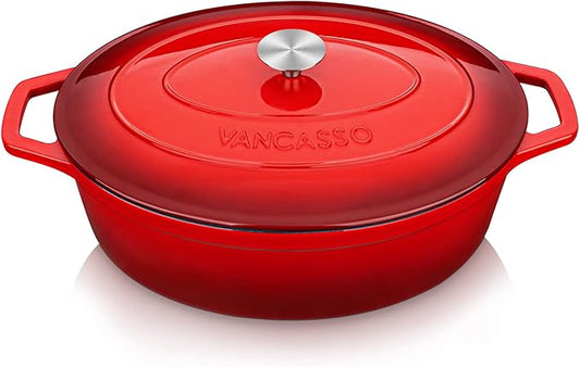 vancasso Enameled Cast Iron Dutch Oven, 9.3 Quart Dutch Oven Pot with Lid, Oval Dutch Oven Cast Iron Pot with Non Stick Enamel Coating for Bread Baking, Red