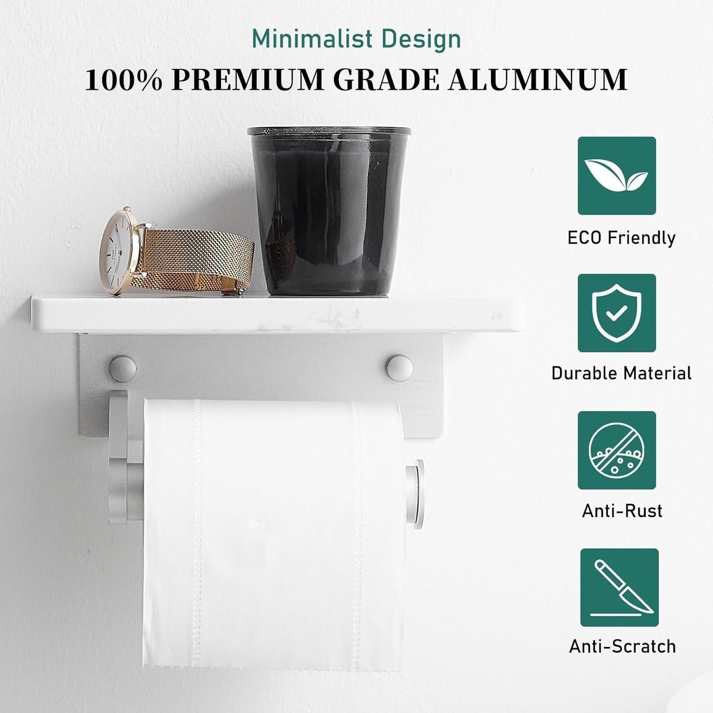 Hoimpro Brushed Silver Aluminum Toilet Paper Holder with White Natural Marble Shelf, Wall Mounted Tissue Hand Paper Roll Storage Holder for Bathroom Kitchen Washroom Bedroom