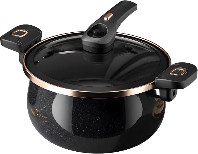 Nonstick Ceramic Coated Sauce Pan with Lid Black Crock Pot with Twist & Lock Handles, Micro Pressure Cooker Versatile stock pot with lid, Bottom Big Soup Canning Pots,Simmer Pot (BLACK, 5.5Quarts)