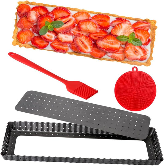 Rectangle Tart Pan with Removable Bottom, 14 Inch Perforated Tart Quiche Pan Nonstick Pie Pan with Oil & Dish Brush, Baking Tray with Loose Bottom for Fluted Pies, Quiche,Tart