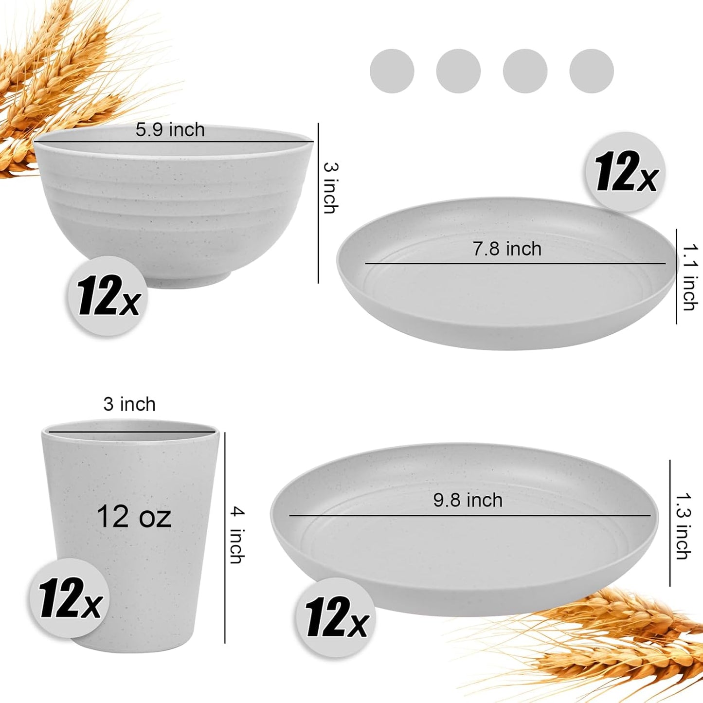LIYH 48 Pcs Light Grey Plastic Wheat Straw Dinnerware Plates and Bowls Set,Camping Dish Set for 12, Dishwasher Safe Dinnerware Sets, Unbreakable Plates,Camping Dish Sets