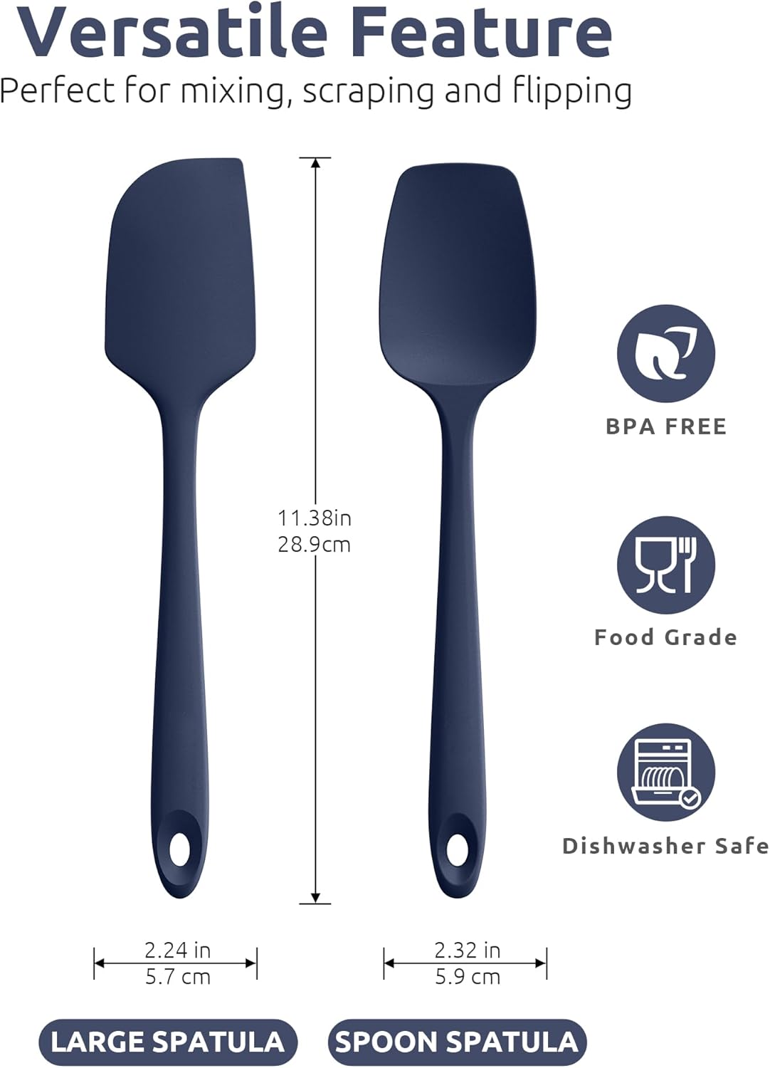 U-Taste Flat Spatula & Spoon Spatula: 11.38in 600ºF Heat Resistant Silicone Bowl Scraper, Flexible Rubber Kitchen Cooking Mixing Utensil with Upgraded Non-Stick Surface (Set of 2, Midnight Blue)