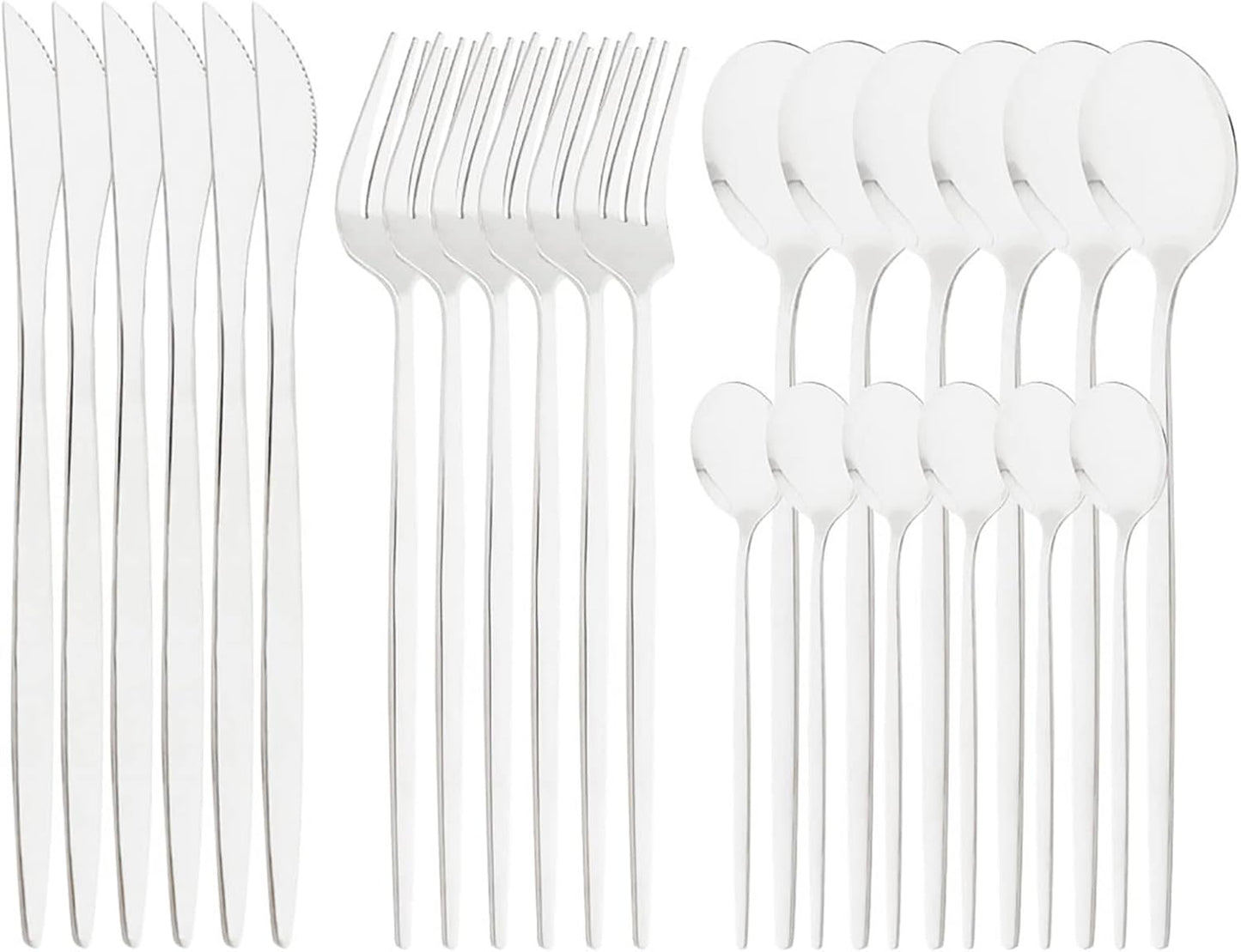 24-Piece Mirror Silver Polished Flatware, 18/0 Stainless Steel Dinnerware Set Include Knife Fork Spoon Teaspoon Cutlery Set For Home Restaurant and Party Service For 6, Dishwasher Safe