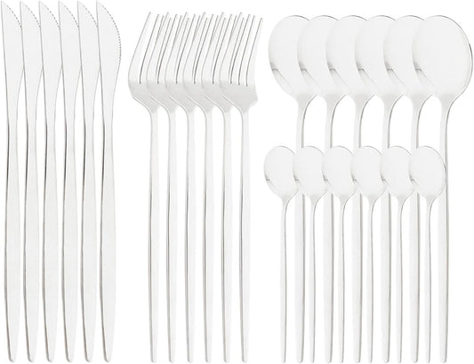 24-Piece Mirror Silver Polished Flatware, 18/0 Stainless Steel Dinnerware Set Include Knife Fork Spoon Teaspoon Cutlery Set For Home Restaurant and Party Service For 6, Dishwasher Safe