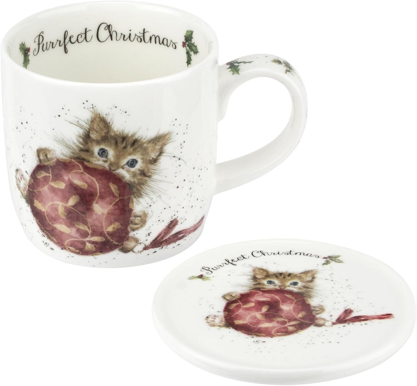 Royal Worcester Purrfect Christmas Mug & Coaster Set - 11 oz Fine Bone China Holiday Mug Set with Woodland Creatures - Wrendale Designs Christmas Coffee Mugs, Microwave & Dishwasher Safe