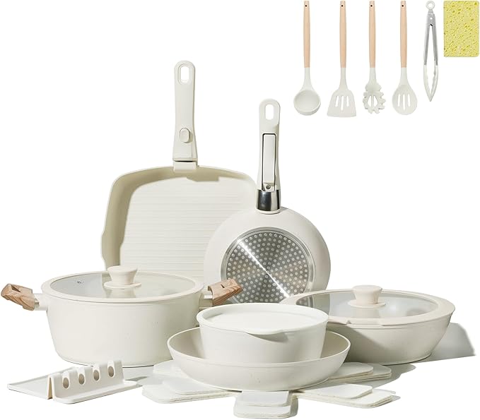 23PCS Ceramic Nonstick Cookware Set, Nonstick Detachable Handle Ceramic Cookware, Induction Kitchen Cooking Set with Removable Handle,include Frying Pans & Saucepans Oven Safe, Stackable Set