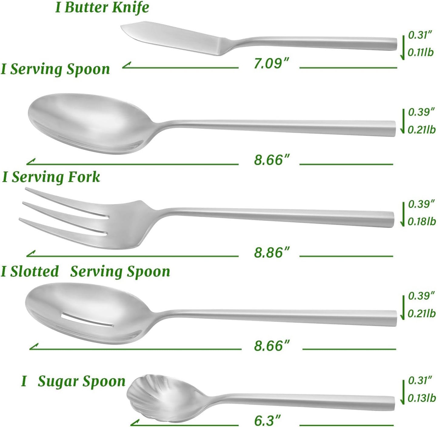 DEACORY 5-Piece Silverware Stainless Steel Matte Finished Flatware Thick Heavy Hexagon Cutlery Serving Utensils Set