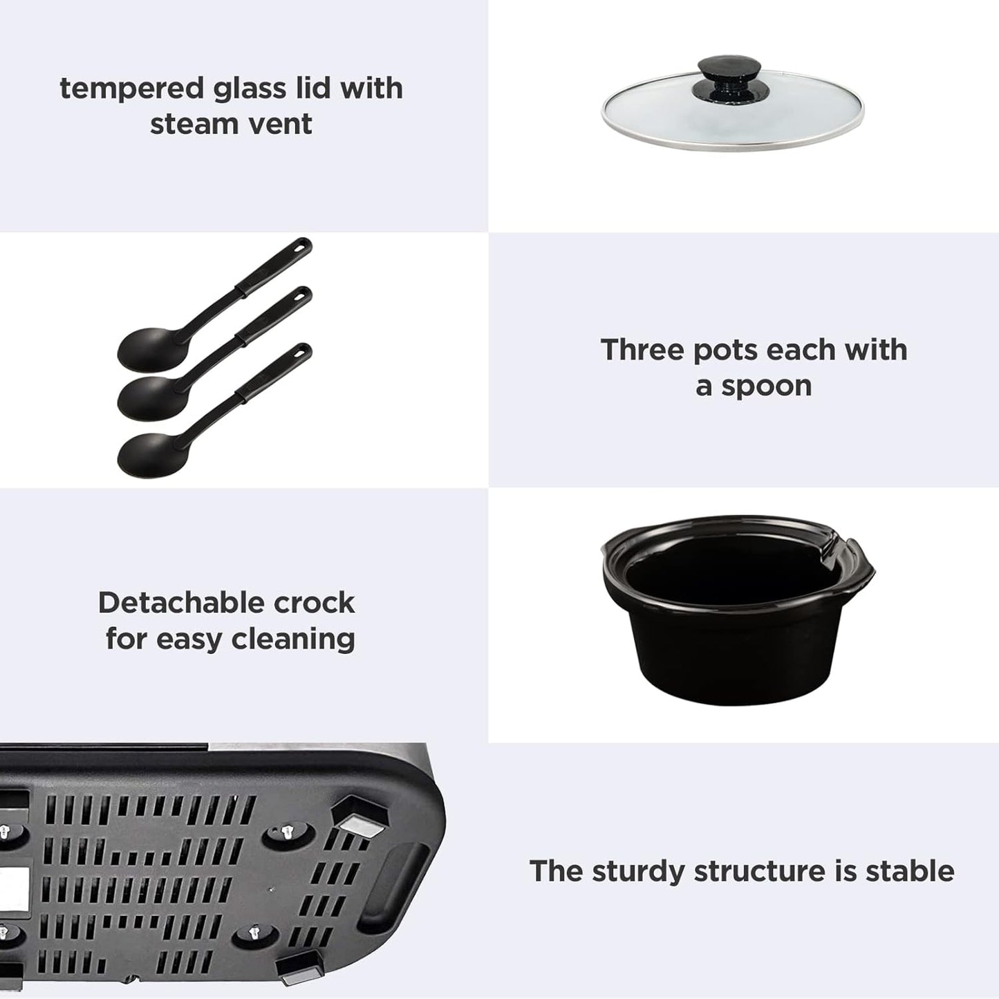 Sunvivi Slow Cooker, Triple Slow Cooker Buffet Server and Food Warmer, 3-Section 1.5-Quart Upgraded Oval Ceramic Pot with Stainless Steel Lid Rests, 3 Spoons, Total 4.5 QT