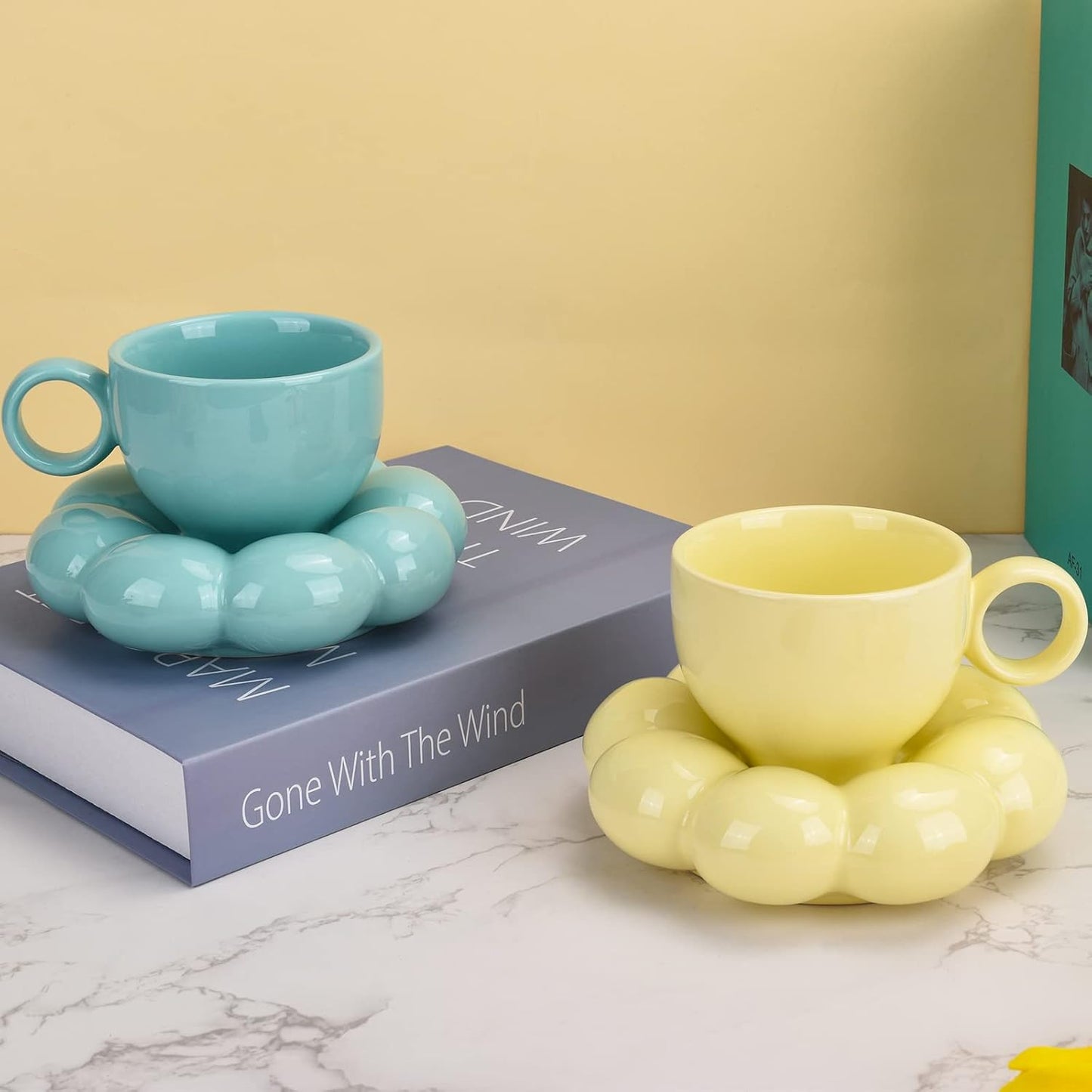 Koythin Ceramic Coffee Mug with Saucer Set, Creative Cute Cup with Sunflower Coaster for Office and Home, Dishwasher and Microwave Safe, 6.5 oz/200 ml for Tea Latte Milk (Lemon Yellow)