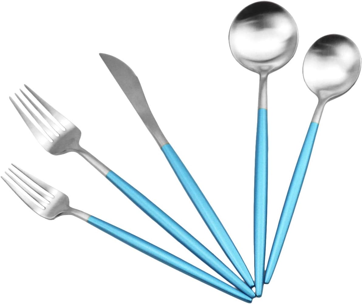 JASHII Silverware Sets, 5-Piece Blue Flatware 18/10 Stainless Steel Heavy Weight Forged Cutlery Eating Utensils Forks Spoons Knives Set Tableware Service for 1 Matte Finished (Blue & Silver)