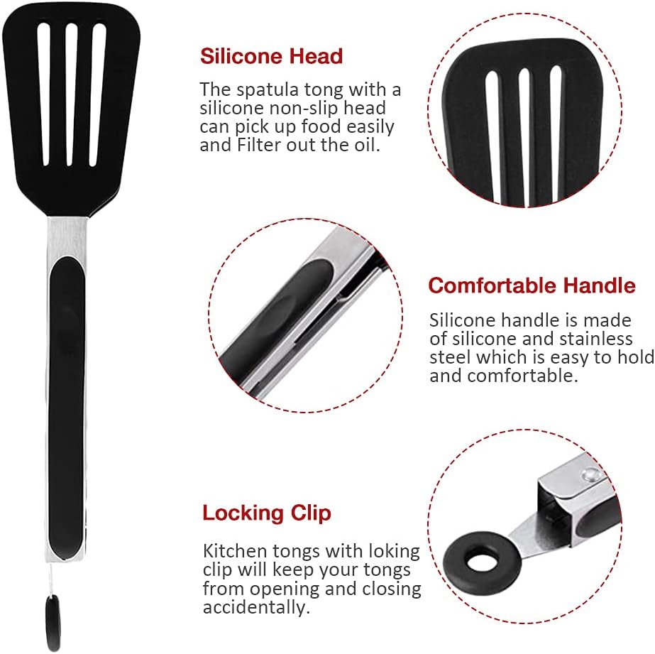 Mini Silicone Serving Tongs Set of 3, Small Kitchen Tongs (7 inch) with Silicone Tips and Stainless Steel Handle, Cooking Tongs for Salads, Pasta, Steaks, Vegetables