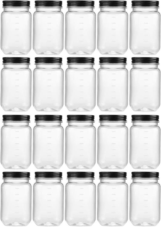 novelinks 16 oz Clear Plastic Jars with Screw-On Lids - BPA-Free Refillable Storage Containers for Slime, Food, Crafts, Kitchen & Household Use (20 Pack,Black)