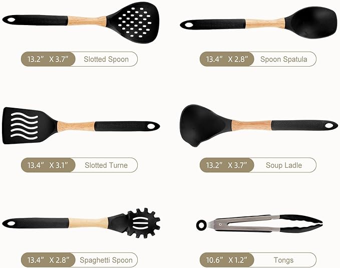 Kitchen Utensils Set - 7 PCS Non-Stick Silicone Cooking Utensils Set with Wooden Handle,Kitchen Gadgets Tools Set for Nonstick Cookware (Black-7Max)