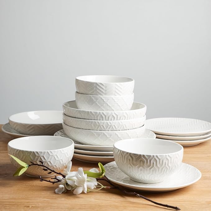 Sureasy Ceramic Plates and Bowls Sets, 24 Pieces Dinnerware Sets for 6, Embossed Scratch Resistant Dinner Set, Dishwasher and Microwave Safe, White