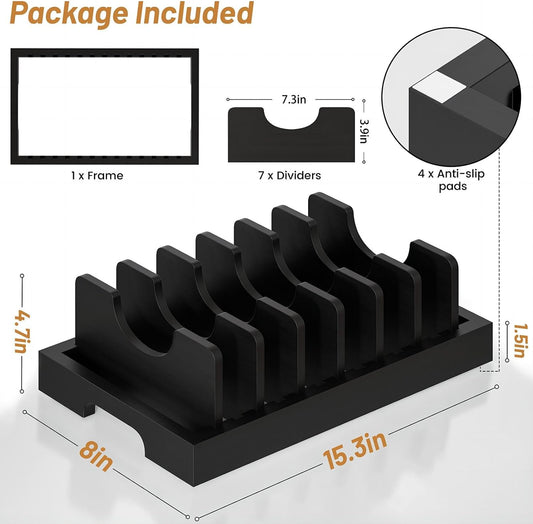 Bamboo Pot and Pan Organizer, Pot Lid Organizer Holder Rack for Countertop Drawer, Kitchen Cabinet Organizer with 7 Adjustable Dividers for Pots, Pans, Baking Sheets, Cutting Boards, Black