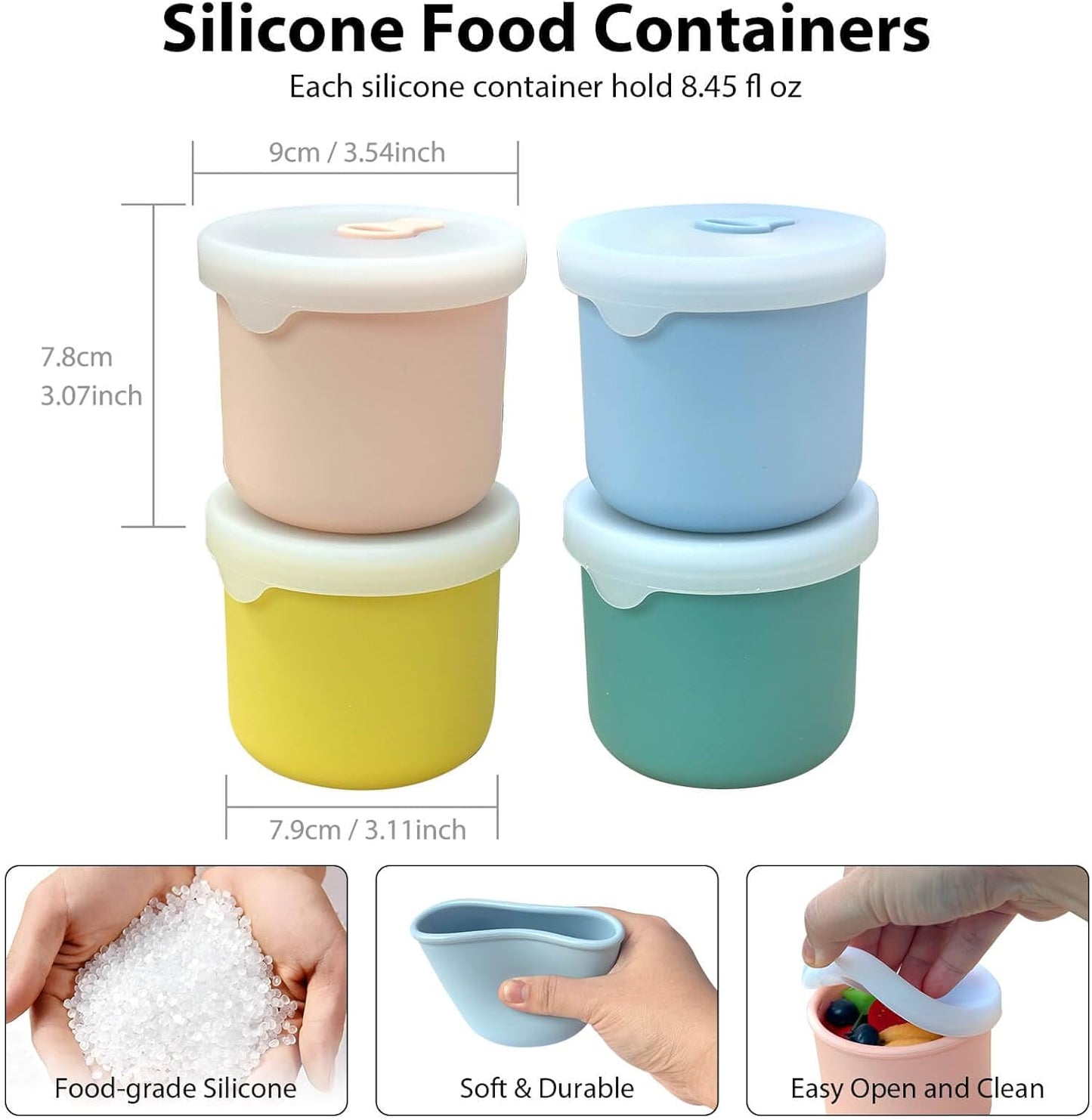 1-Cup Silicone Food Storage Containers with Lids, 4 Pack 8.5 oz Reusable Snack Fruits Containers Cups Leak Proof Soup Freezer Molds Small Lunch Box BPA Free for Kids Baby Daycare School Travel Baby