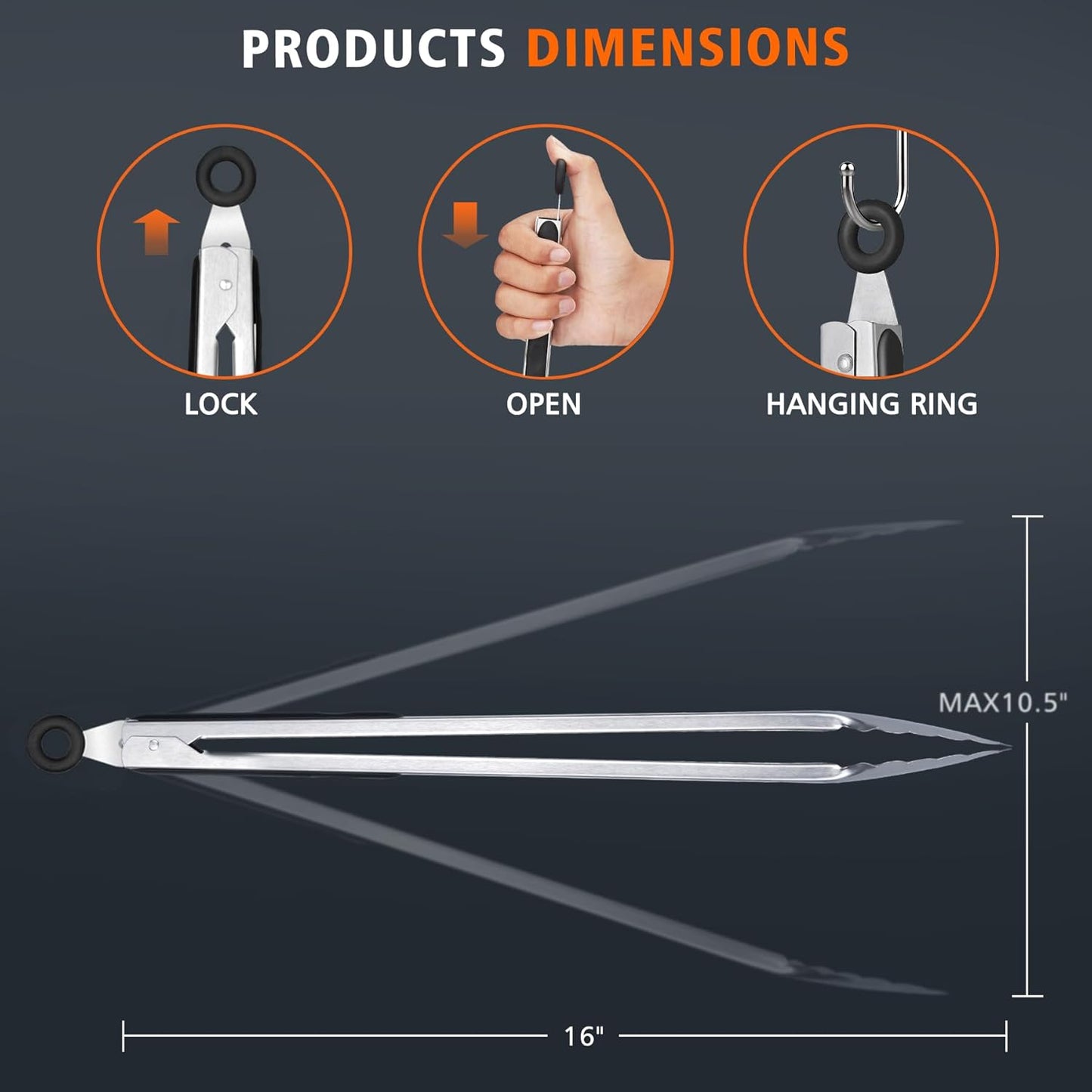 Hotec Stainless Steel Kitchen Tongs, 16 Inch Extra Long Locking Metal Food Tongs for Cooking, Serving, BBQ, Grill Non-Slip Grip