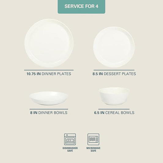 Gibson Home Summer Shades 16 Piece Plates and Bowls Dishes Service for 4 Porcelain Dinnerware Set - White