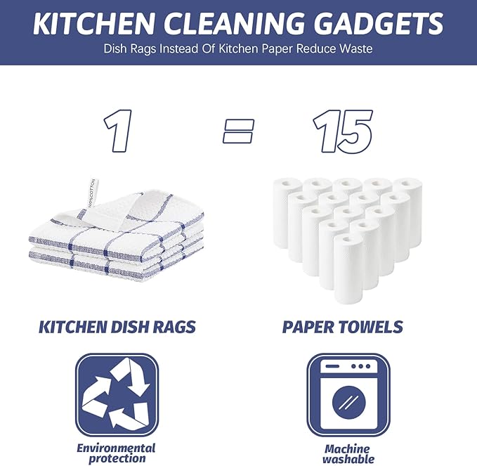 Nialnant Cotton Terry Kitchen Towels,12 x 12 Inches Dish Cloths Set of 8,Super Soft and Absorbent Dish Rags for Cleaning - Navy Blue Plaid