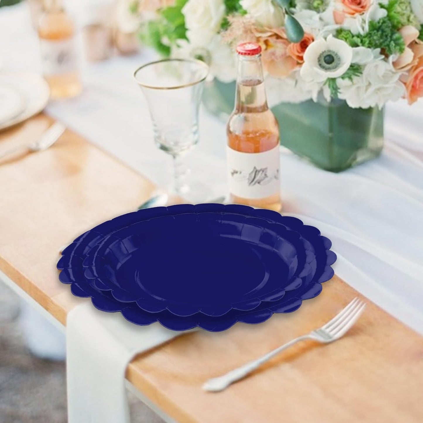 50 Pcs Blue Scalloped Paper Plates 25 × 7'' and 25 × 9'' Disposable Blue Scalloped Dinner Plates for Wedding Baby Shower Birthday Party Disposable Dessert Plate