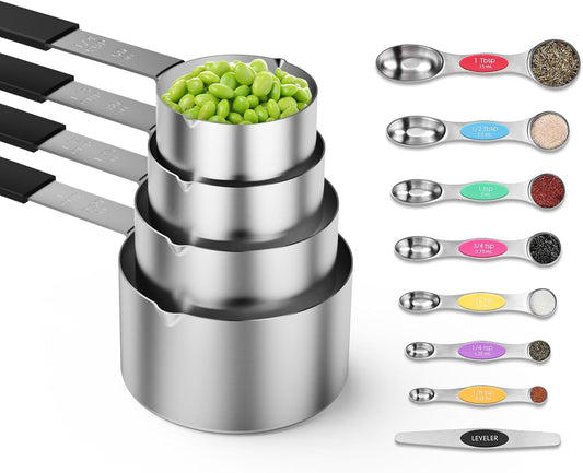 Magnetic Stainless Steel Measuring Cups & Spoons Set –(4+8)-Piece Stackable Set with Engraved Measurements – Dishwasher Safe Baking Essentials-(4Solid+8Rainbow)