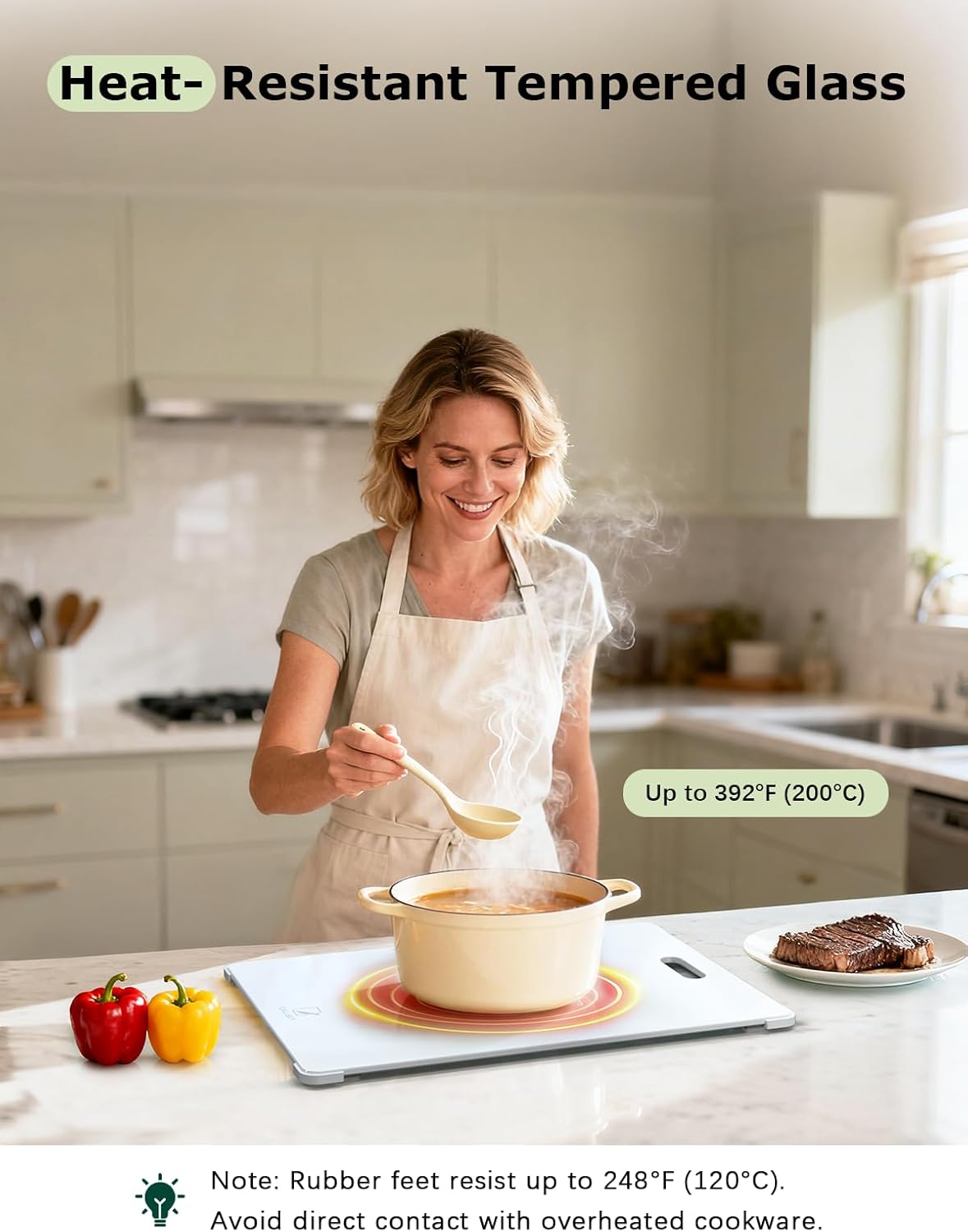 Tempered Glass Cutting Board Set, Large 12x16 Glass Cutting Board for Kitchen with 4 Non-Slip Feet, Heat & Shatter Resistant, Dishwasher Safe Perfect Kitchen Gift& Decor (Porcelain White)