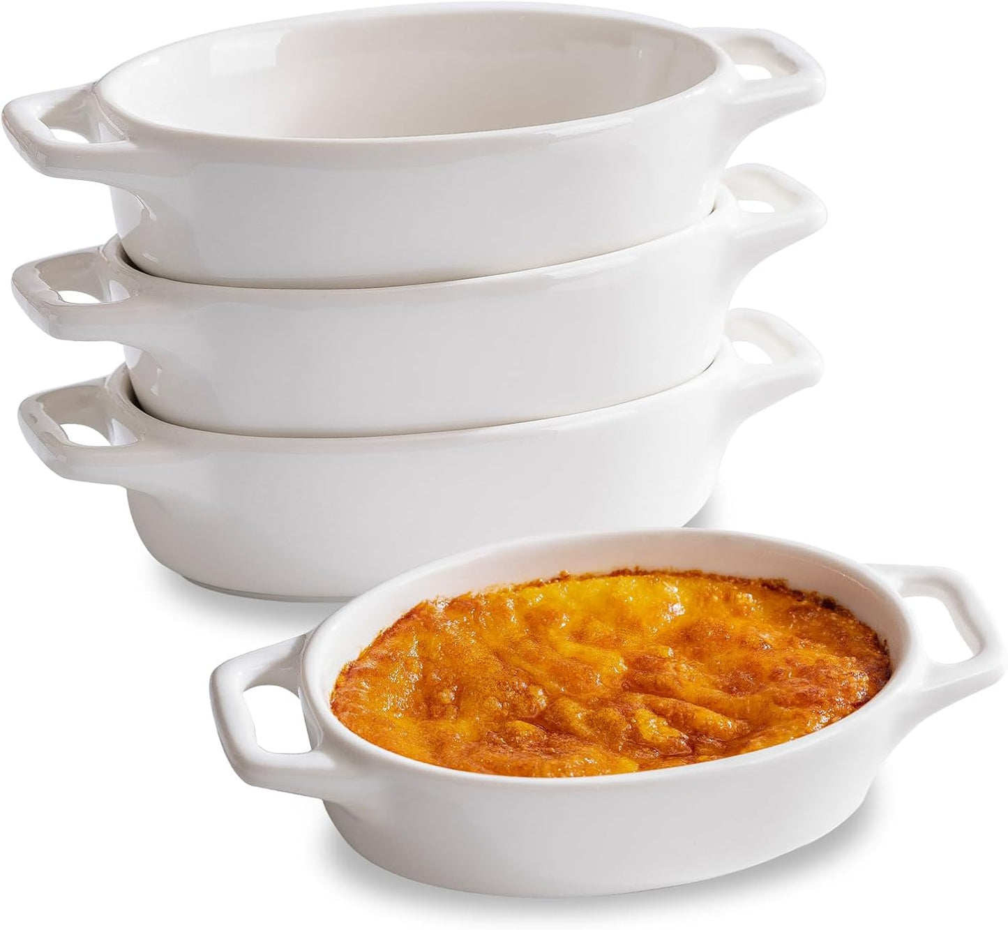 4-Pack Oval Creme Brulee Ramekins, 4 oz Mini Porcelain Souffle Dish, Ramekins Oven Safe with Double Handles (White)