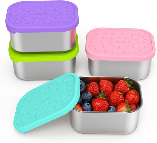 SOPHICO Stainless Steel 14 OZ Snack Containers for Kids，Food Storage Container with Silicone Lid - Perfect 304 Metal Toddler Lunch Box for Daycare and School, Leak Proof (MIX, 4 PACK)