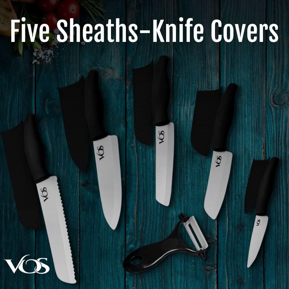 Vos Ceramic Knife with Peeler, Knives Set For Kitchen, Ultra Sharp Kitchen Knife Set with Covers, 4" 5" 6" 7" 8" Paring, Chef Knife, Santoku & 2 more, Lightweight, Dishwasher safe (Black)