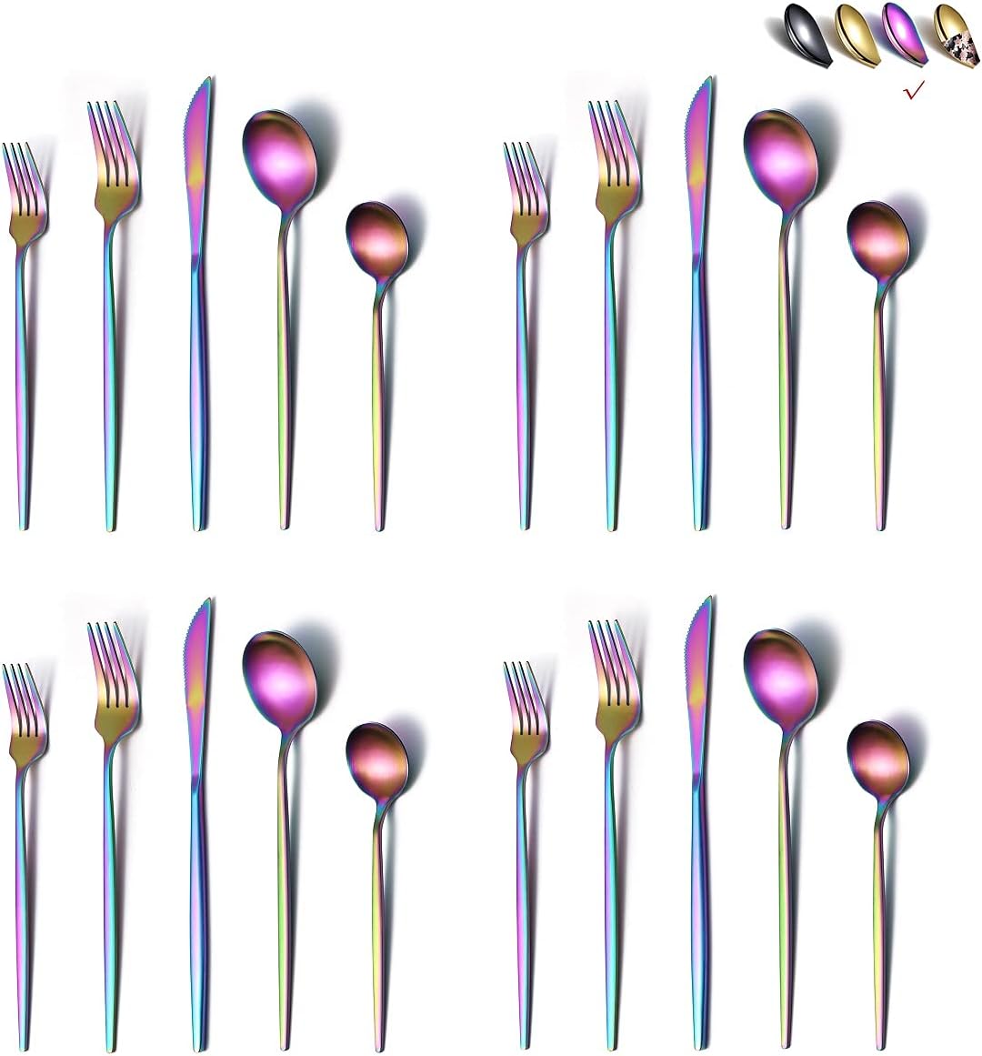 Matte Rainbow Flatware Set 40 Pieces, Stainless Steel Colorful Silverware Set, Titanium Plating Matte Rainbow Cutlery Set, Matte Rainbow Utensil Sets, Service Set for 8 (Matte Rainbow)