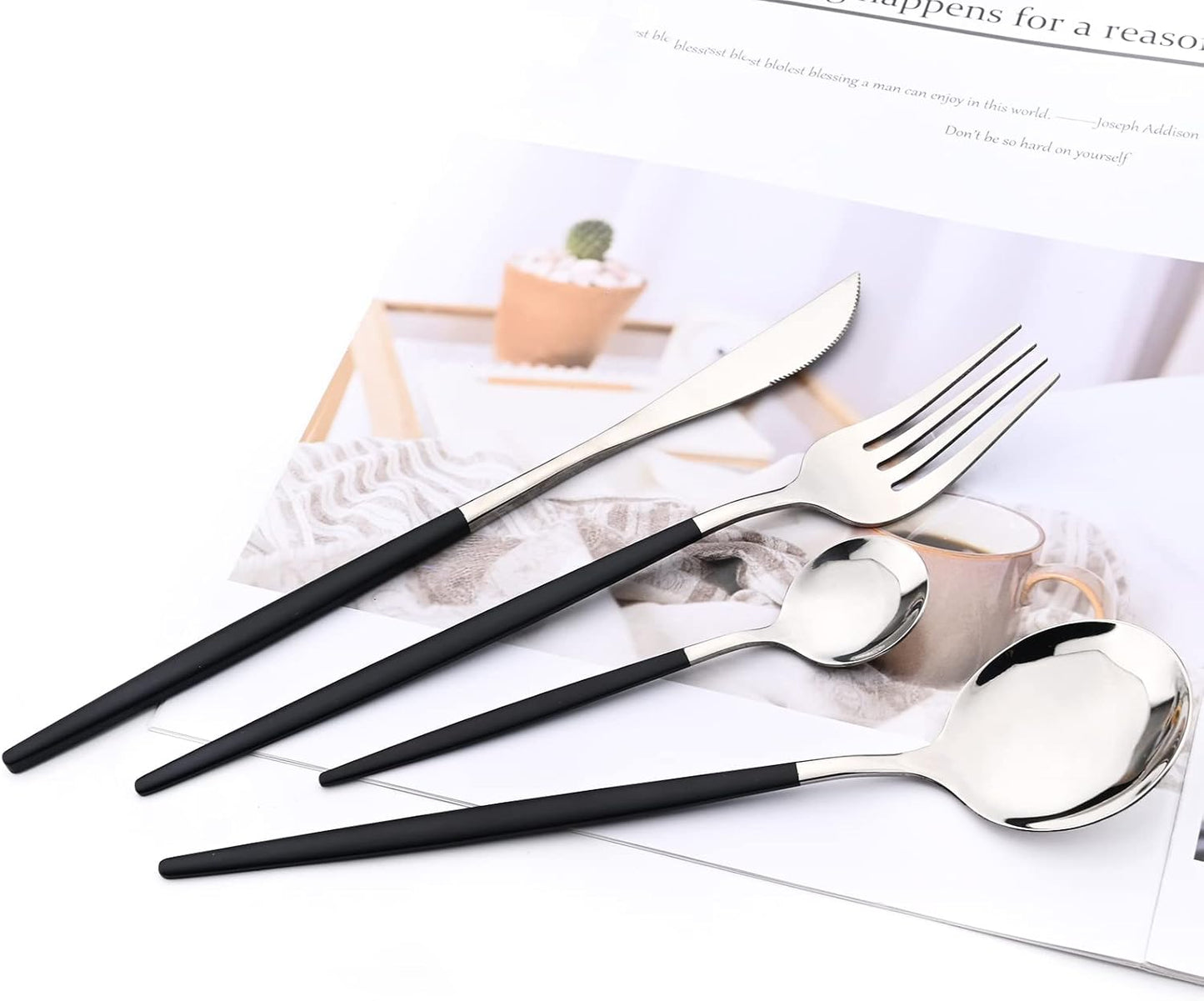 Black Silver 24Pcs Flatware Set With Stand, Lightweight Dinnerware Set Stainless Steel Cutlery With Black handles For Home Kitchen Wedding Party And Daily Use,Service For 6, Mirror Polish