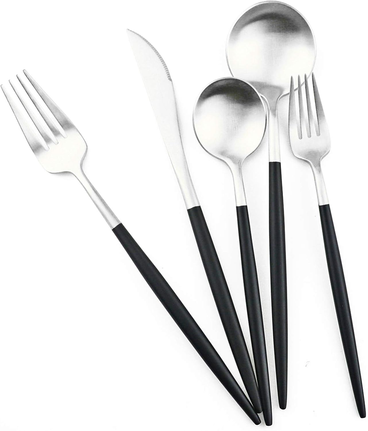 Gugrida Luxury Flatware, Royal 5 Piece Matte Black Handle 18/10 Stainless Steel Tableware Sets for 1 Including Forks Spoons Knives, Camping Silverware Travel Utensils Set Cutlery (Black Silver)
