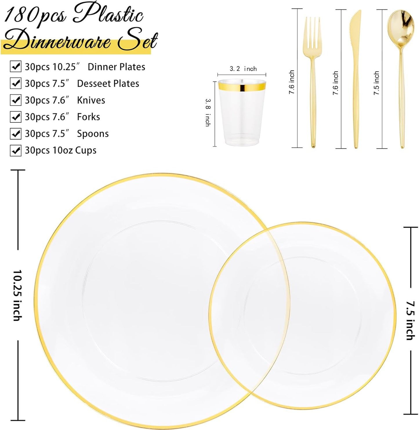 EI 180pcs Gold Plastic Plates,Clear Plates with Gold Trim,Plastic Plate for Party,Clear Dinnerware Set Silverware Cups for Baby Shower,Wedding