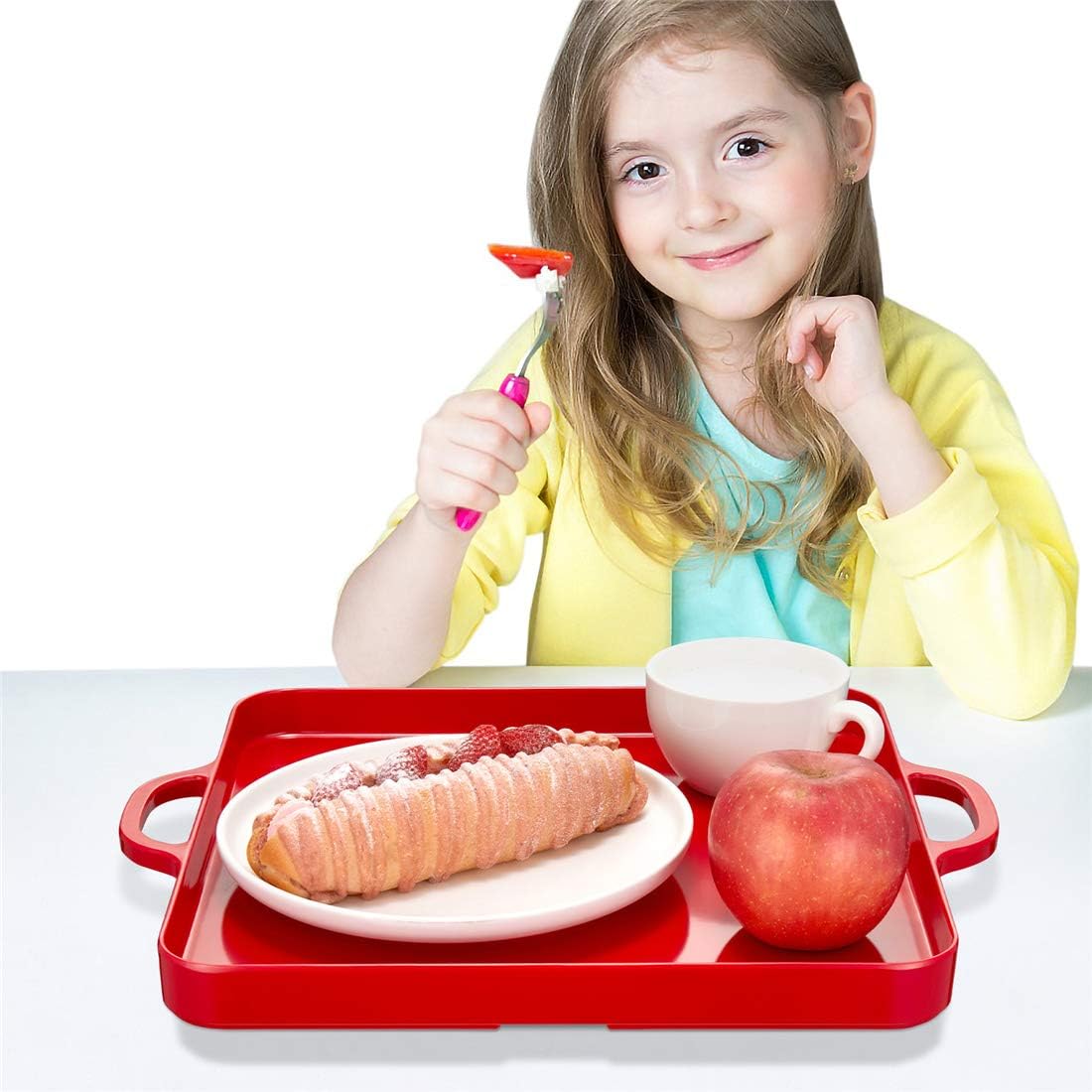 Square Serving Trays with Handles Melamine Red 12.5x12.5 Inch Spill Proof Kitchen Eating Trays Set of 2 for Cafeteria Cafe Food Appeizer Dessert Snack Dinner Lunch Breakfast,TR17-02