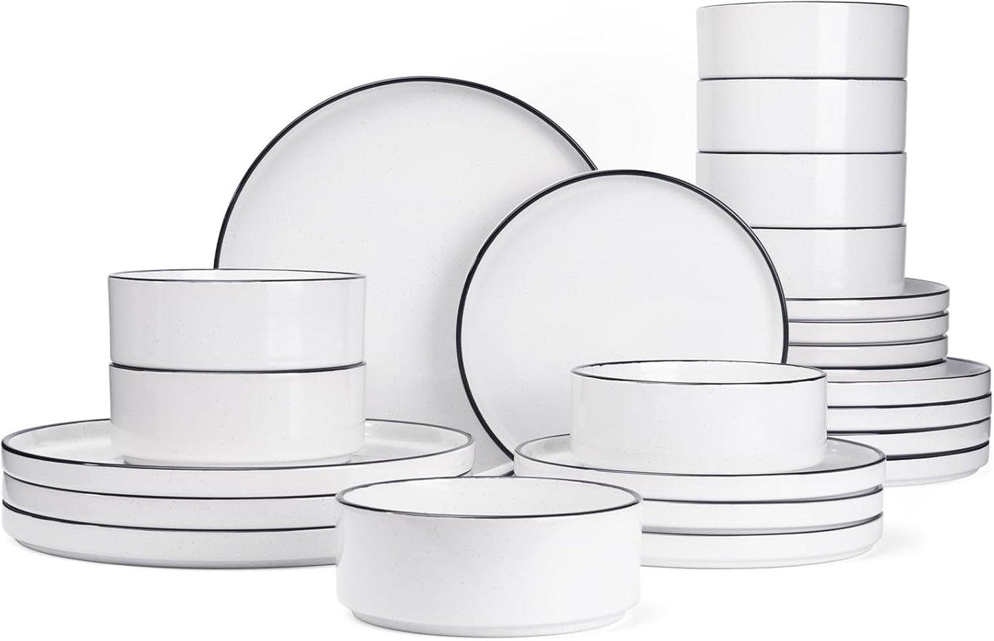 Famiware Nebula Plates and Bowls Set, 24 Pieces Dinnerware Sets, Dishes Set for 8, White with Black Rim