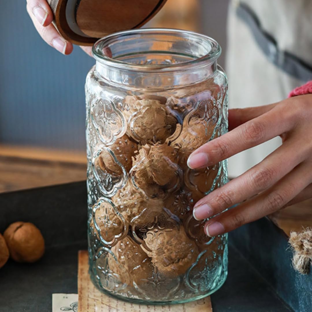 ANSQU Vintage Glass Storage Jar, 34 FL OZ Glass Food Storage Containers with Bamboo Lid, Airtight Cookie Jar Candy Jar for Kitchen Counter, Pantry, Coffee, Tea, Sugar (Round, Begonia)