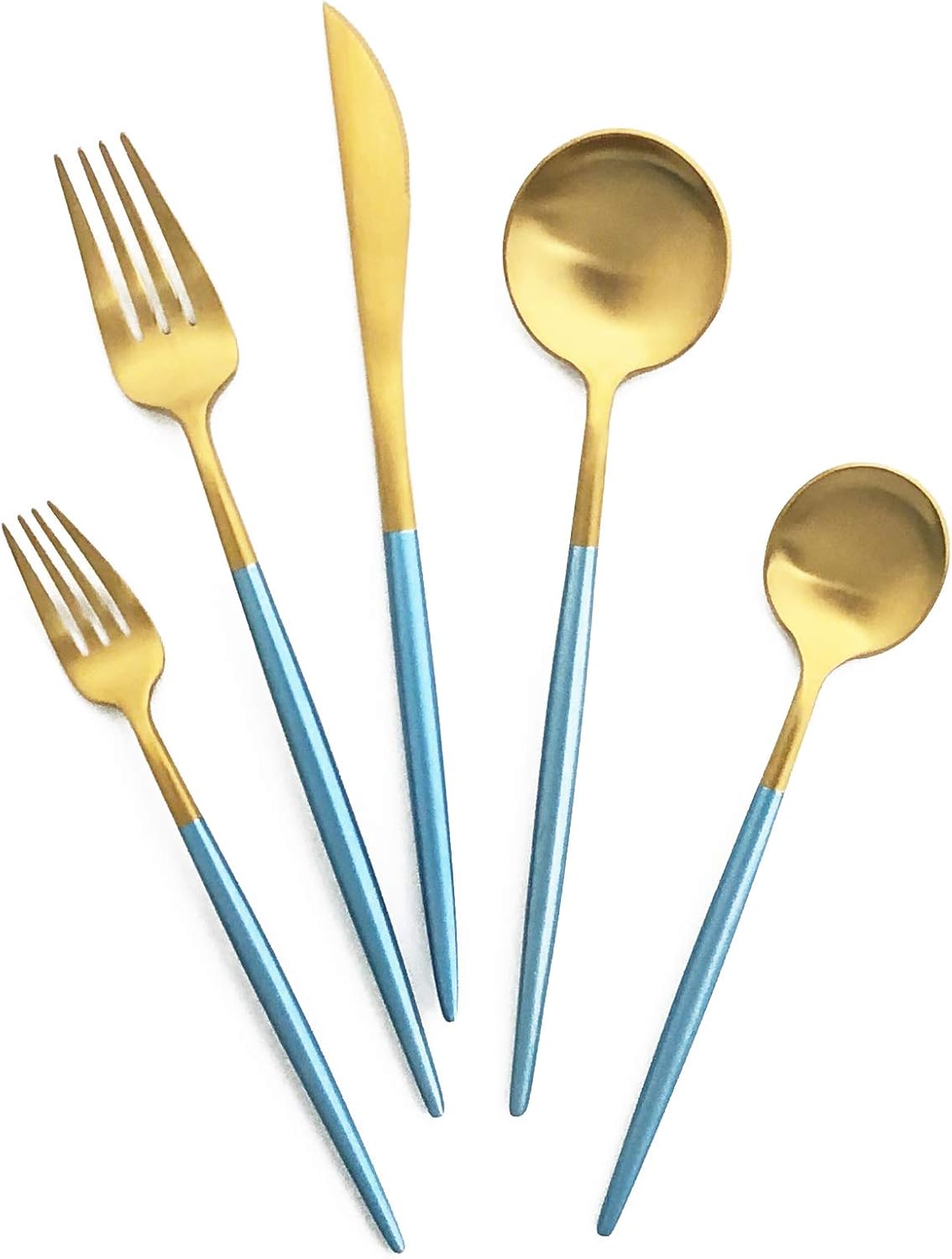 Silverware Set, Hand polished Matte Gold Blue Flatware Cutlery Set Service for 4, Satin Finish 20 Pieces 18/10 Stainless Steel Utensils Set for Home and Restaurant, Dishwasher Safe